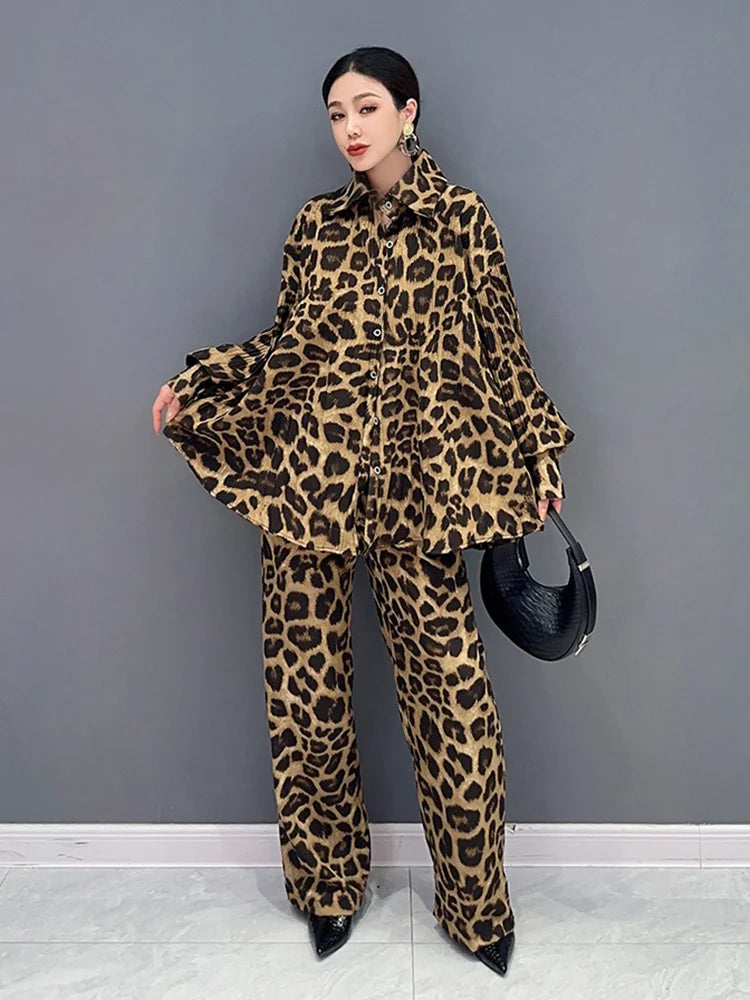 Babs SHENGPALAE 2 Pieces Sets Fashion Leopard Print Lapel Single Breasted Shirt Casual Straight Trousers Spring New Tide 5R5164