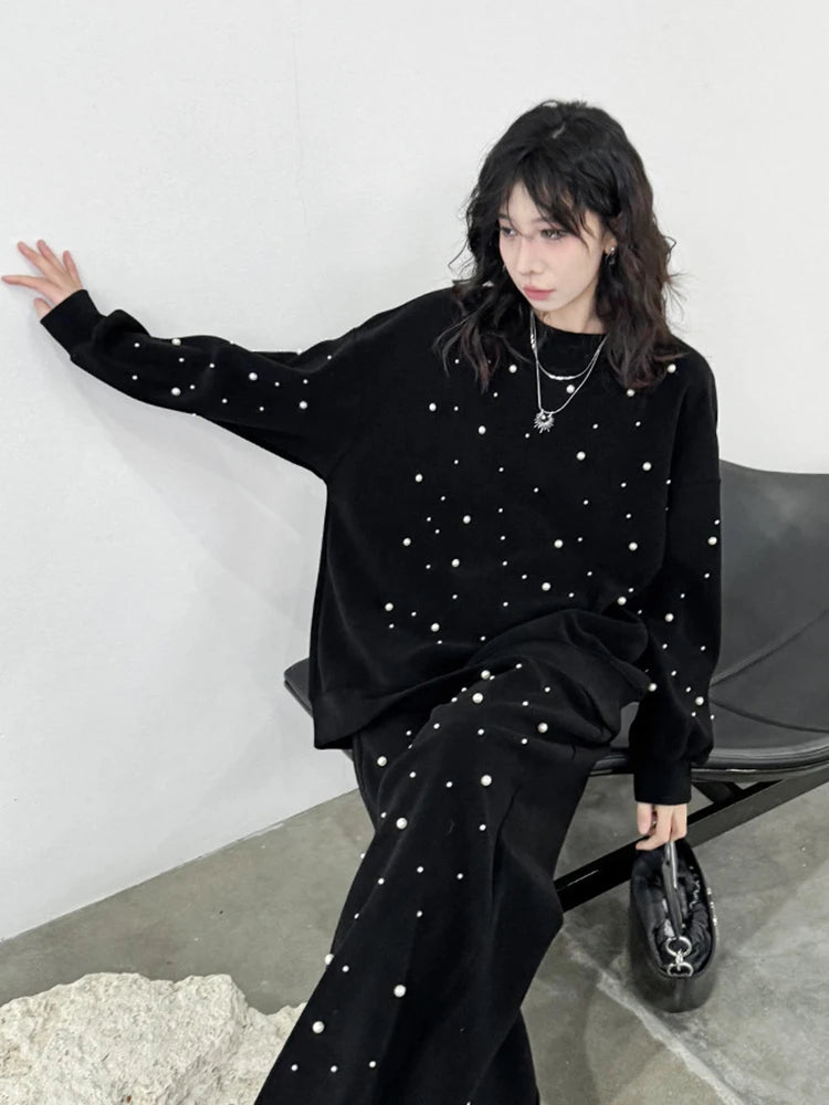 Maxy [EAM] Nailed Big Size Sweatshirt Wide Leg Pants 2 Pcs Suit New Round Neck Long Sleeve Women Fashion Spring Autumn 1DH4795