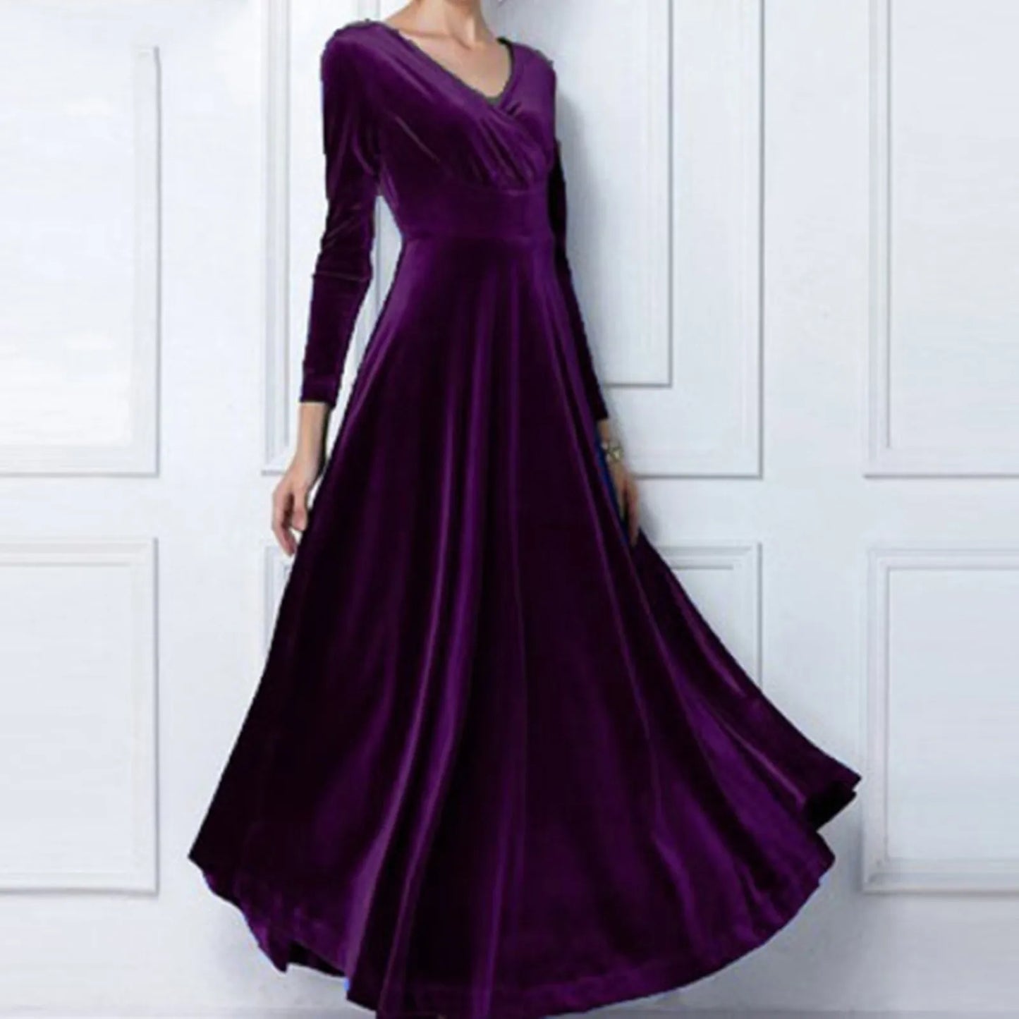 Vintage Women Autumn Long Sleeve V Neck Pleated Velvet Banquet Party Maxi Dress Party Wedding Elegant Evening Dress