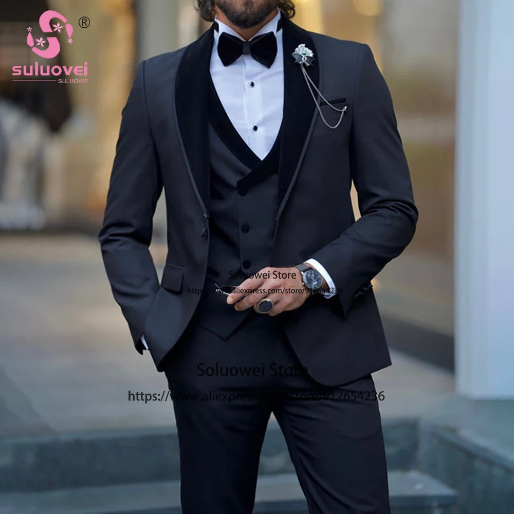 Maxy Fashion Groom Wedding Suits For Men Slim Fit 3 Piece Jacket Vest Pants Set Male Business Blazer Formal Party Shawl Lapel Tuxedos