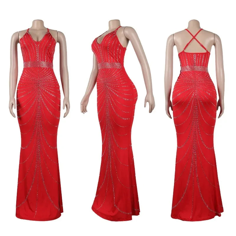 Maxy Women's Diamond Rhinestone Sleeveless V-neck Mermaid Maxi Dress Sexy Club Party Evening Gown Trumpet Style