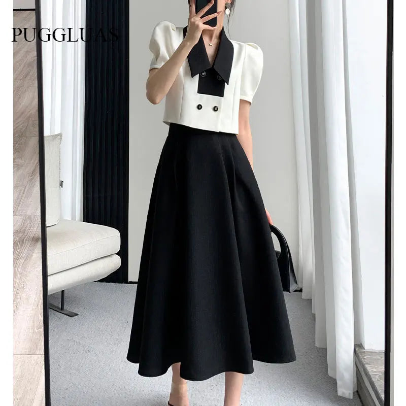 Babs French Elegant Two Piece Sets Vintage Office Lady Puff Sleeve White Crop Top + A Line Black Midi Skirts Suit Retro Summer Outfit