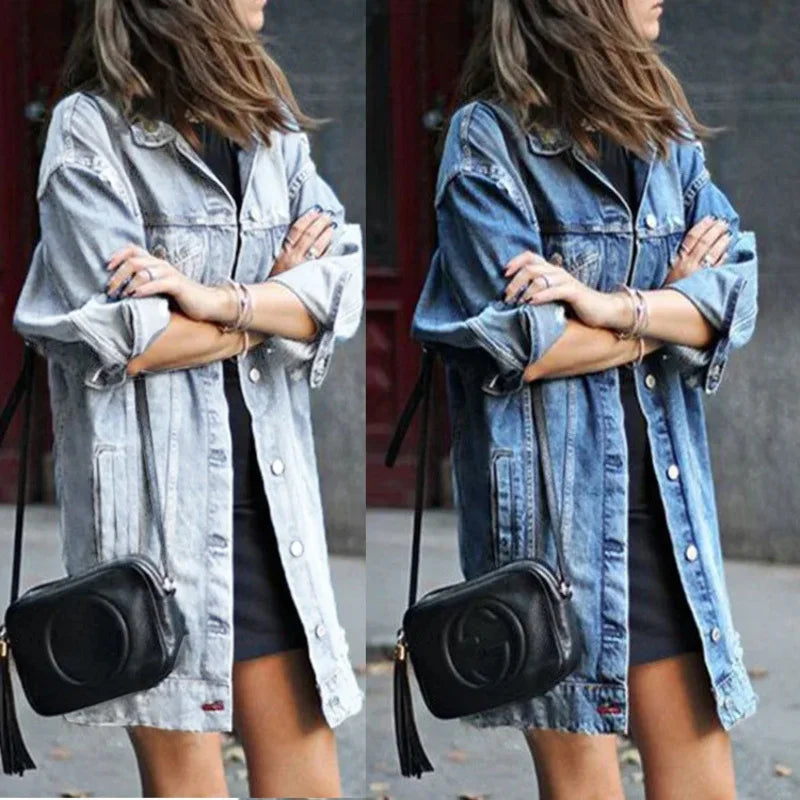 Maxy Europe and the United States new style women's street trend jacket long style jeans trench coat denim jacket women