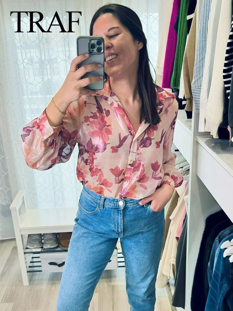 Maxy Spring Women Pink Print Short Sleeve Casual Blouses Women Button up Shirt+ A-Line Pleated Skirt Set For Beach Style