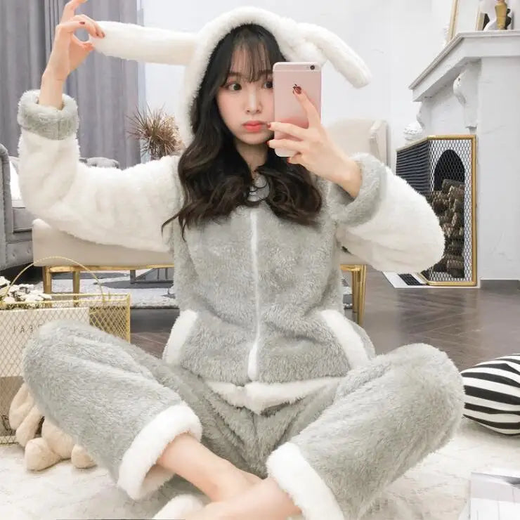 Winter Thick Warm Flannel Pajamas Sets For Women Sleepwear Pajama Homewear Pyjamas Set Cartoon Cute Warm Hooded Rabbit Gowns