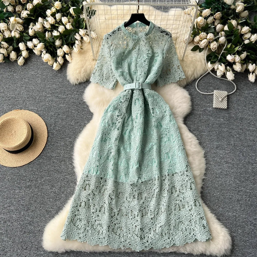 Maxy Temperament Stand Collar Half Sleeve Lace Robe French Style Belt Slim Waist Hollow Out Vestidos Elegant Crochet Mujer