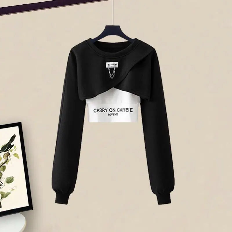 Maxy Korean Elegant Sportswear Suit Women's Spring Autumn Fashion Short Sweater+Suspenders+Pants Three Piece Female Tracksuit Set