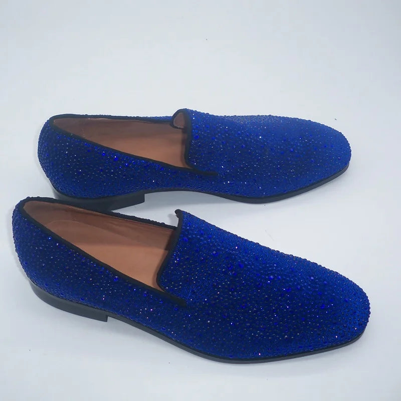 Visco LOUBUTEN Royal Blue Full Rhinestone Loafers Luxury Party And Wedding Shoes Men Crystal Shoes Slip On Flats Dress Shoes