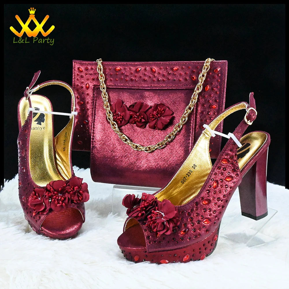 Maxy Super High Heels Fashion 2024 Spring Summer New Design Women Shoes and Bag Set in Wine Color African Design for Wedding