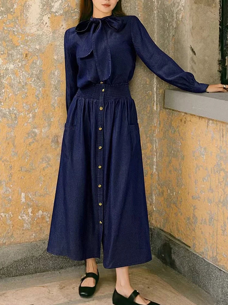 Maxy Retro autumn women's new blue denim bow collar long sleeve shirt+high waist pocket button skirt fashion suit