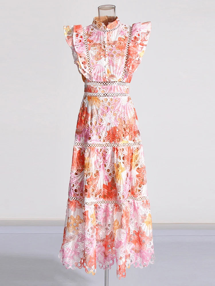Maxy Colorblock Hollow Out Temperament Dress For Women Stand Collar Flying Sleeve High Waist Slim Dress Female Fashion