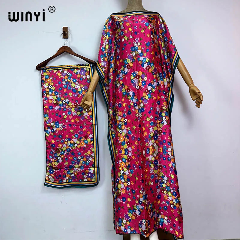 Maxy summer boho print Africa dress Dubai Muslim Dashiki Caftan holiday Design With belt evening dress party abayas for women