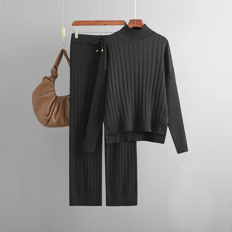 Women Pants Suit Autumn Winter New Pit Stripe Turtleneck Dropped Shoulder Sweater Set Loose Warm Tracksuit Women Two Piece Set