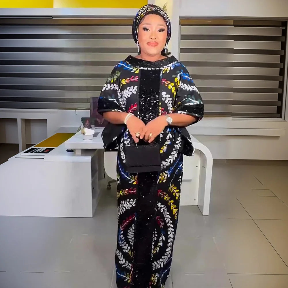 Maxy African Dresses for Women Plus Size Africa Clothes Dashiki Ankara Outfit Sequin Gown Kaftan Muslim Wedding Party Long Maxy Dress