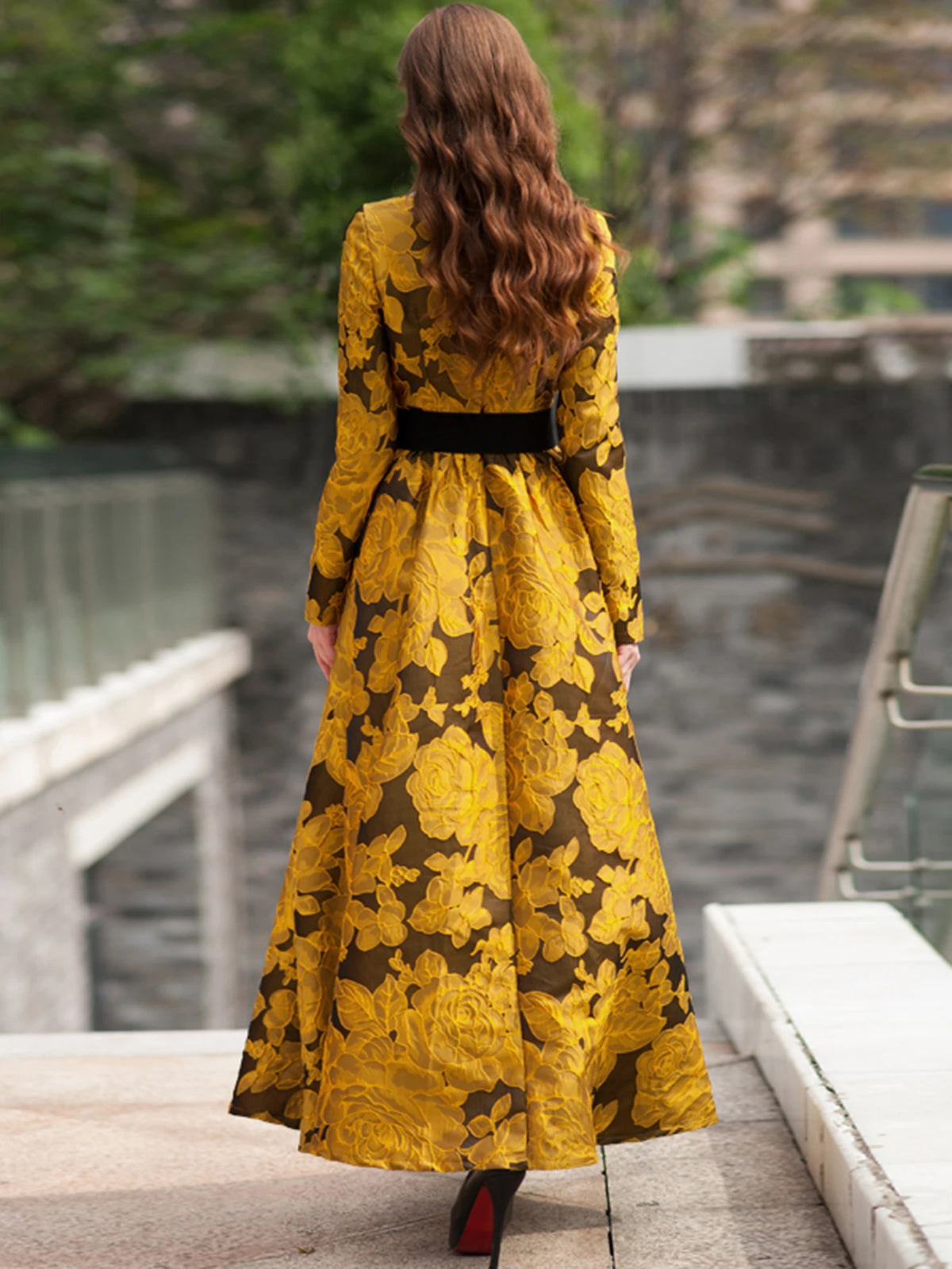 Maxy Elegant Women Floral Long Dress Jacquard Evening Party Boho Fall Winter Vintage Dress Ladies A-Line Robe