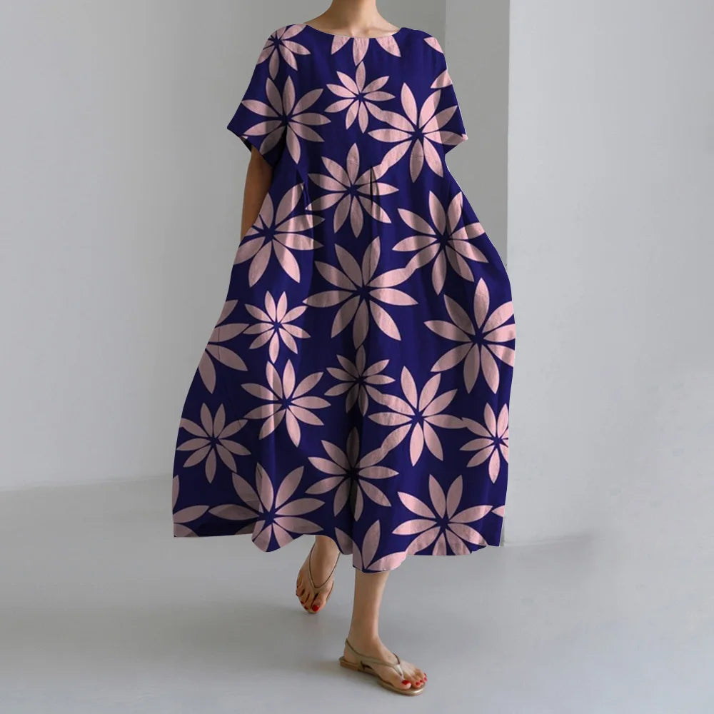 Maxy Summer New Bohemian Casual Dresses Vintage Women's Cotton Printed Dresses Womens Floral Long Dresses Round Neck Pullover Dresses