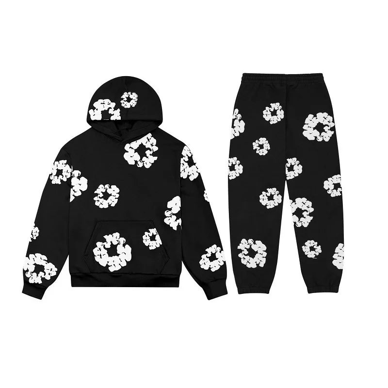 Maxy Flower Print Woman Hoodies Sets Oversized Hip Hop Pant Suit Hooded Sweatshirt Casual Sporty Sweatpant Trend Female 2pcs Set