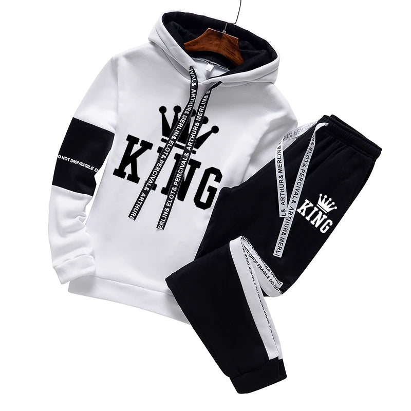 Visco King Printing Mens Tracksuit Casual Hooded Sweatshirt +Sweatpant 2 Piece Set Gym Sports Jogging Clothing AutumnWinter Outfit