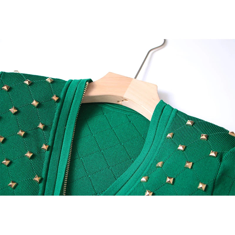 Amay Stunning Plaid Knit Mini Dress with Diamonds Pattern Zipper and Metal Studs Fresh Green Color High Street Women Clothing