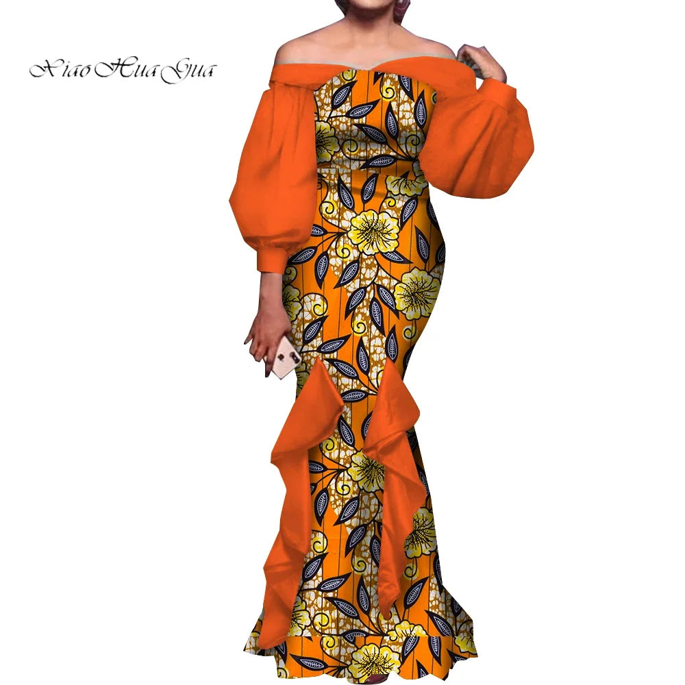 Amay Fashion Women Ankara Dresses Flash Neck Puff Sleeve Long Dress African Dress Robe Africaine Femme Evening Mermaid Dress WY1848