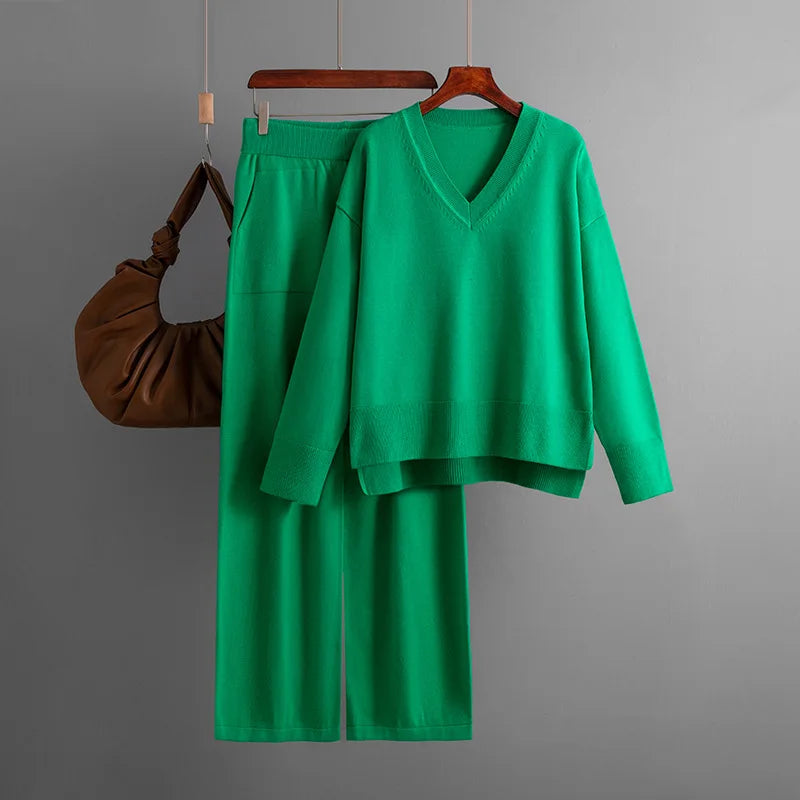 Macy Knit Sweater 2 Pieces Sets Women Loose V-neck American Tops Conjuntos Waist Ankle Length Wide Leg Pants Tracksuit E1136