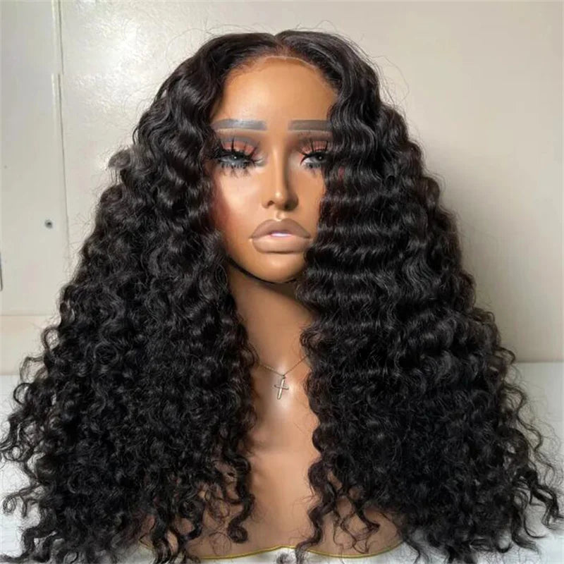 Amay Soft Long Natural Black Glueless 180Density 26Inch Kinky Curly Deep Lace Front Wig For Women With Baby Hair Preplucked Daily Wig