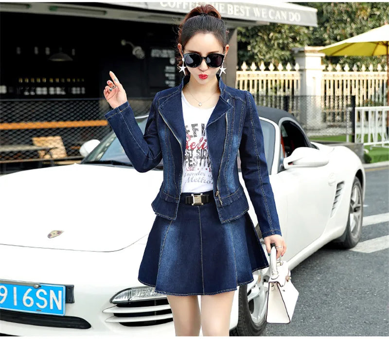 Visco Denim Jacket Skirt Suit New Spring Fashion Elegant Casual 2 Piece Set Women Zipper Jeans Coat And Mini Swing Skirts Suits W976