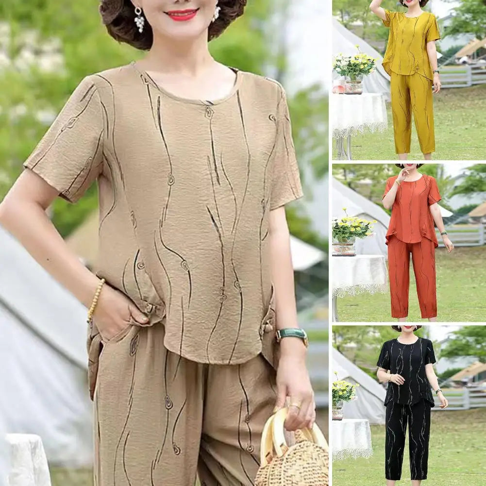 Maxy Summer Women's Trousers Suit Pastoral Fashion Loose Short Sleeve Two Piece Suit Striped Cotton Linen Wild T-shirt Pant Sets