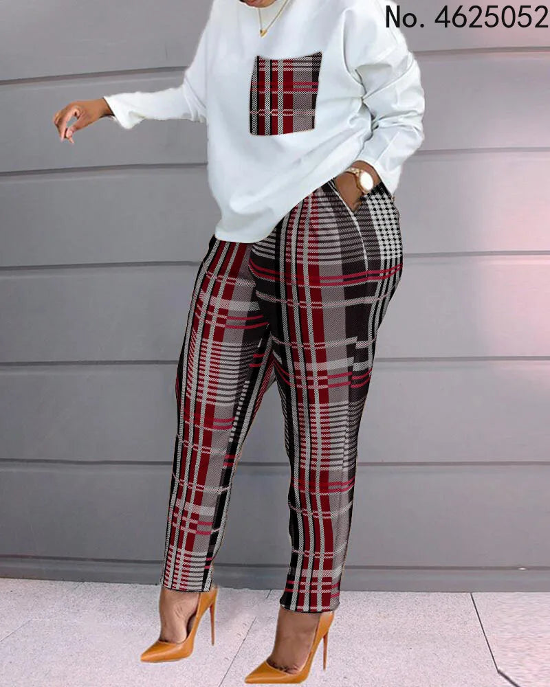 Women Spring Autumn Casual Loose 2 Piece Set Drawstring Design Pockets Plaid Print Long Sleeve Top Pants Set