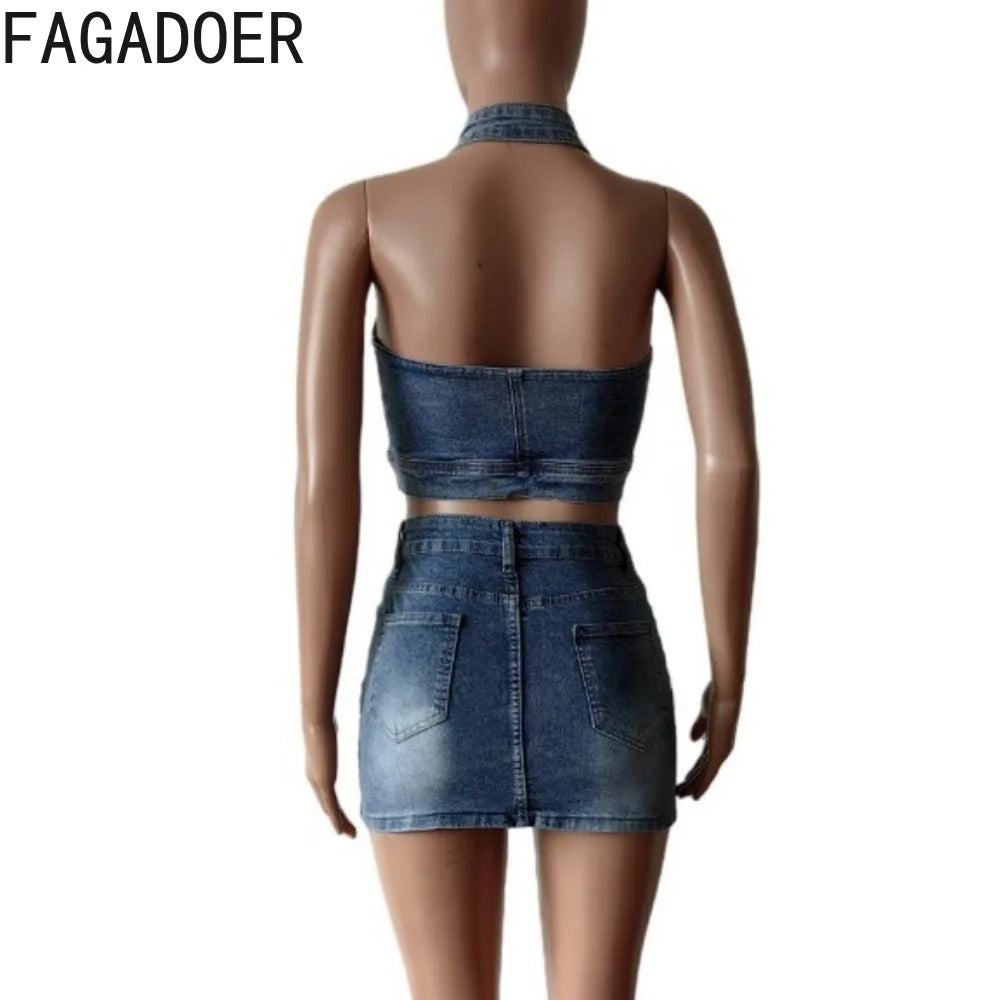 Maxy Fashion Retro Y2K Jean Skirts Two Piece Sets Women Zip Sleeveless Crop Top And Mini Skirt Outfits Female Denim Clothing