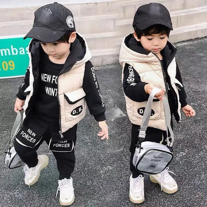 Toddler Boys Clothing Suit 2024 Autumn Winter Baby Kids Fashion Thicken Hoodies Vest Pants 3Pcs/Sets Children Costume Tracksuits