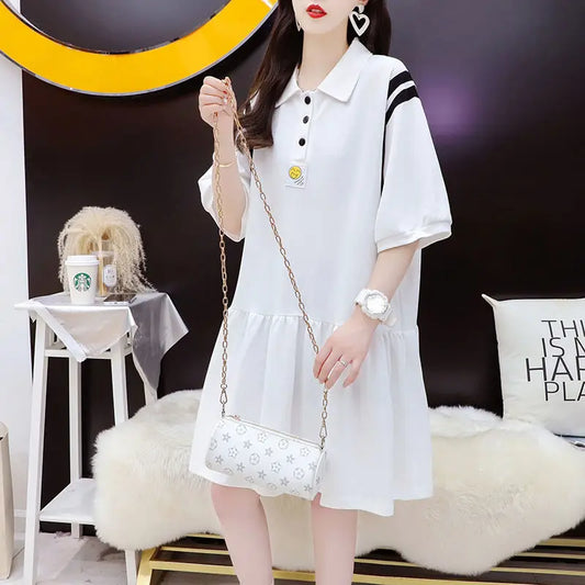 Maxy Casual Polo-Neck Button Dresses Summer Korean Stylish Printed Women's Clothing Spliced All-match Loose Short Sleeve Midi Dress