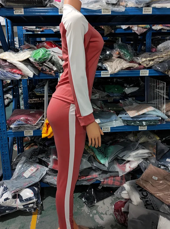 Maxy Casual Two Piece Sets Womens Outifits OTTD Colorblock Long Sleeve Round Neck Top & Sporty Skinny Drawstring Pants Set Autumn