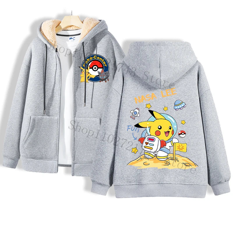 Maxy Pokémon Lamb Wool Coat for Men Women Pikachu Anime Cartoon Fashion Zipper Hooded Jacket Boys Girls Winter Warm Hip Hop Coats