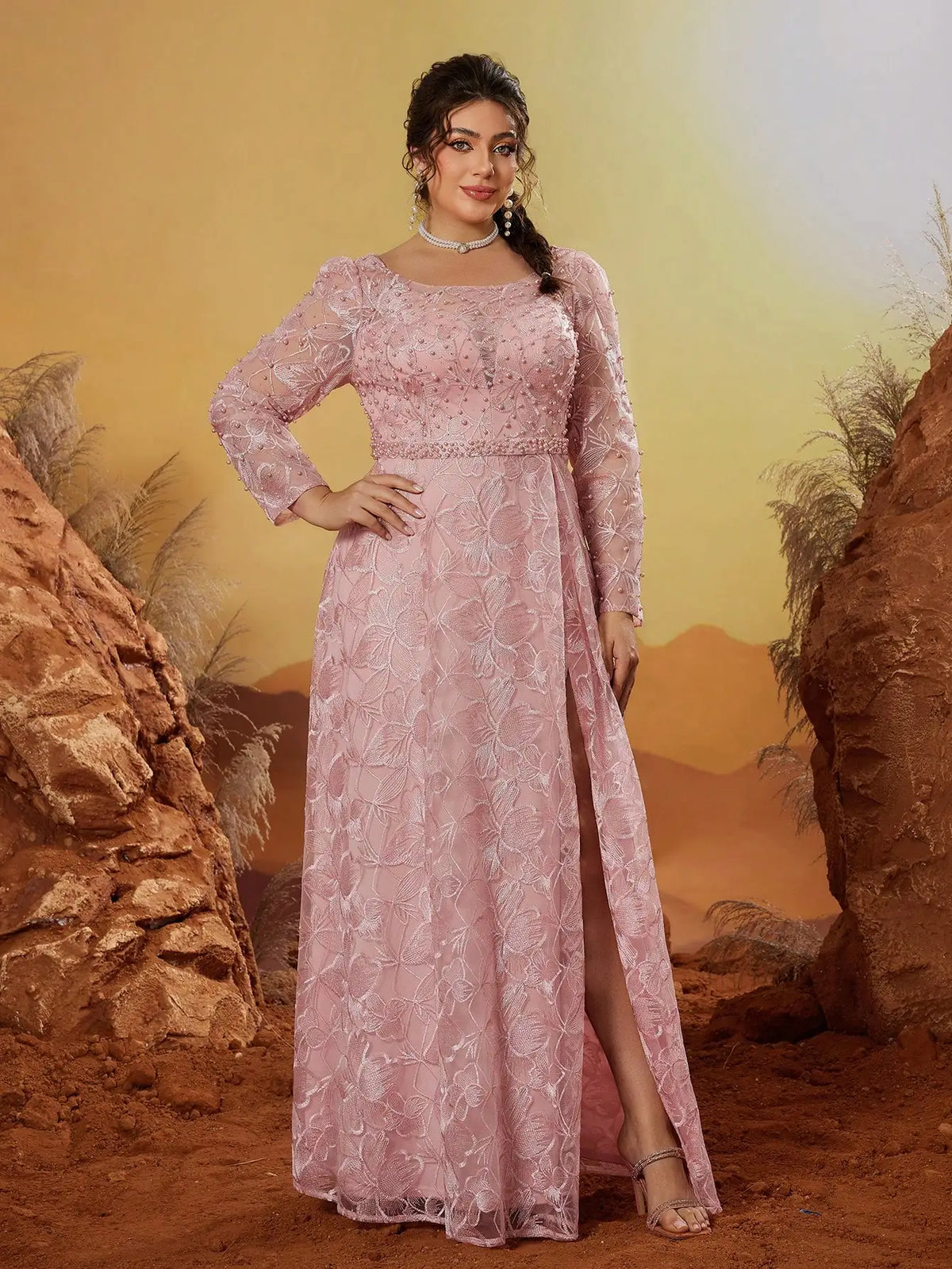 Maxy Andoke round-necked puffed-ball embroidery lace long-sleeved dress with appliquéd trim and side slit