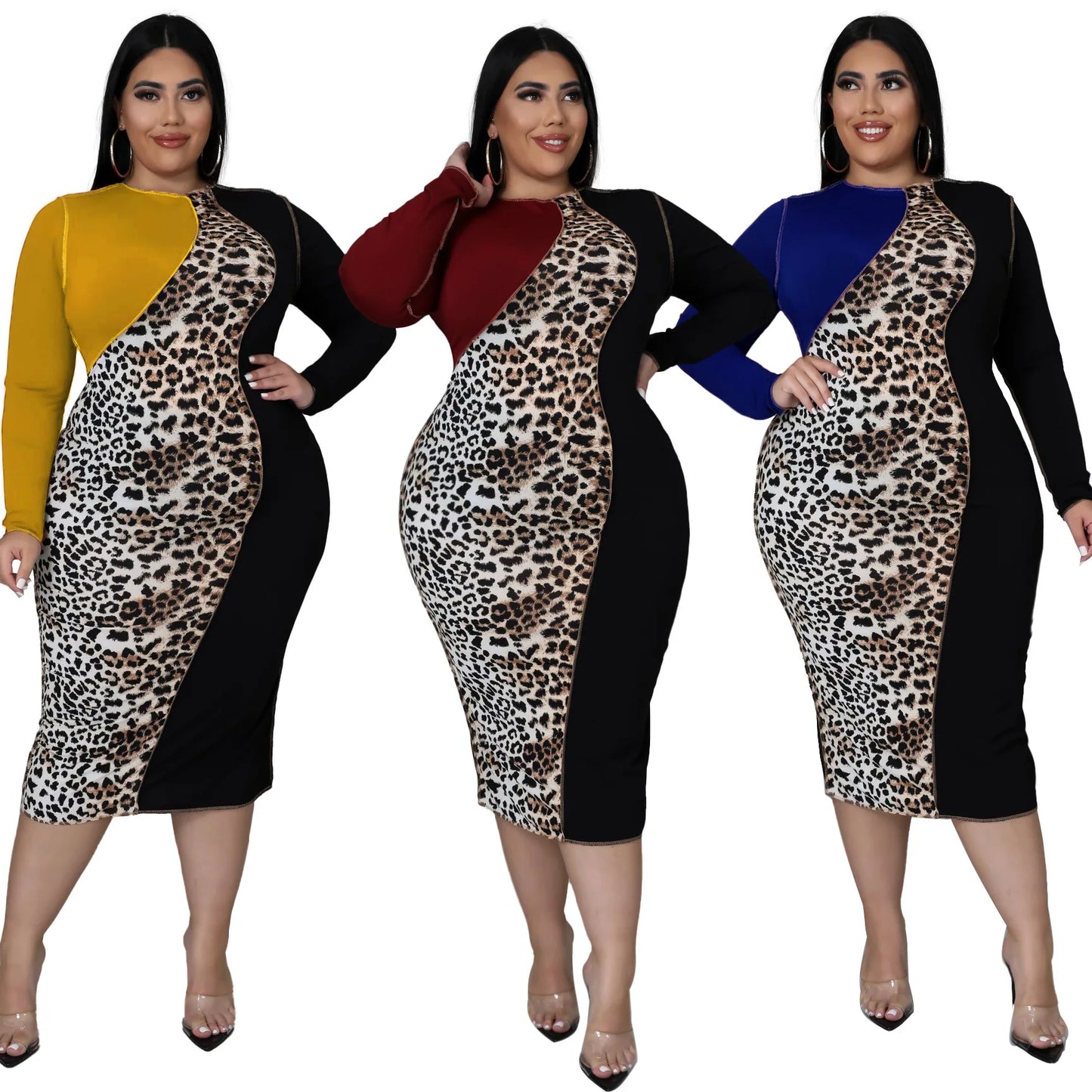 Maxy Street Wear Leopard Patchwork Fashion Elegant Midi Dress Round Neck Long Sleeve Casual Plus Size Women Clothing 4xl 5xl