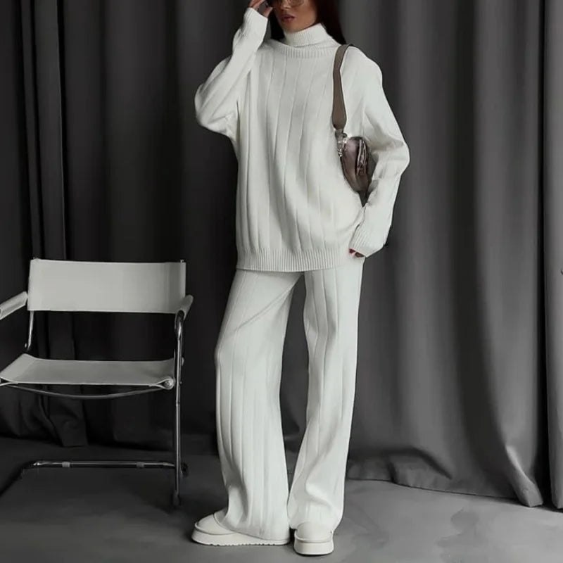 Maxy REALEFT Autumn Winter 2 Pieces Women's Sets Knitted Tracksuit Turtleneck Sweater and Straight Jogging Pant Suits Outfits