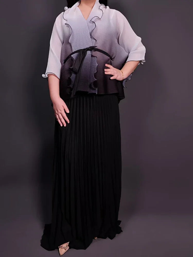 Amay Gradient Pleated Fashion 2 Piece Sets Belt Waist Batwing Sleeves Ruffles Tops A-line Long Dresses Elegant Party Set 32R1391
