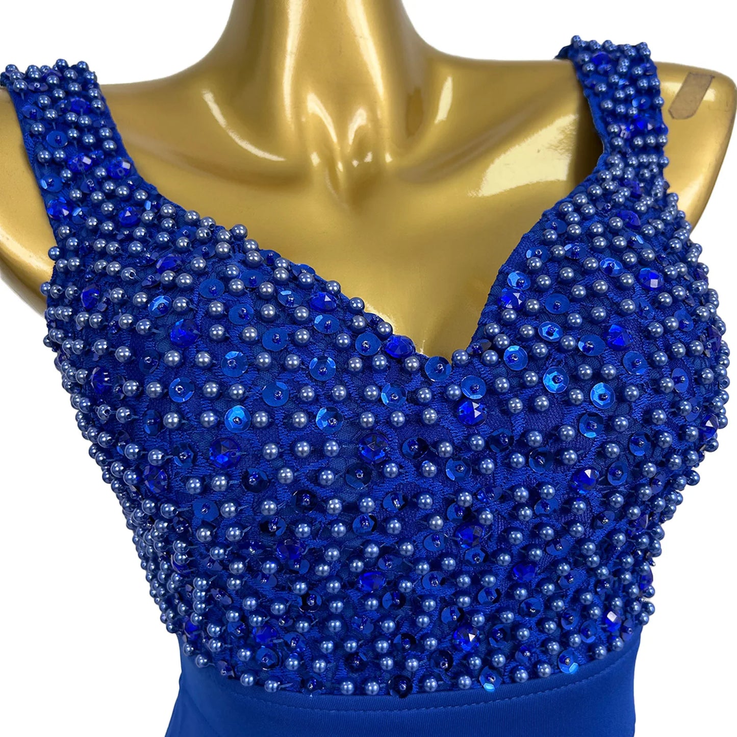 Maxy Sexy Women Elegant Blue Long Dress Spandex Fishtail Gown Birthday Party Photo Shoot Wear Prom Gala Pearls Sequins Evening Dress