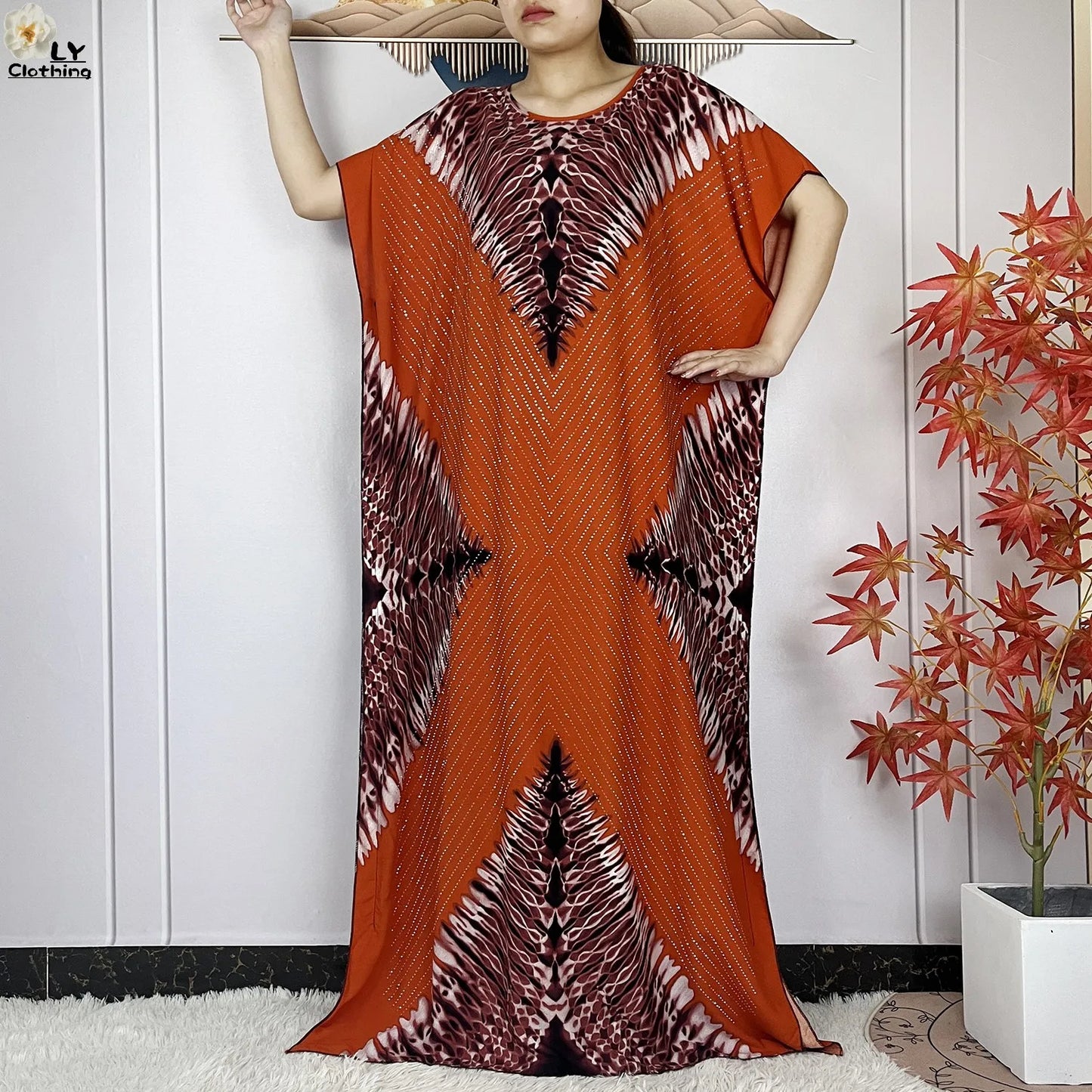 Maxy New Muslim Women Dashiki Printed Dress Flower Diamonds Loose Dress With Big Scarf Islamic African Women Short Sleeve Abaya