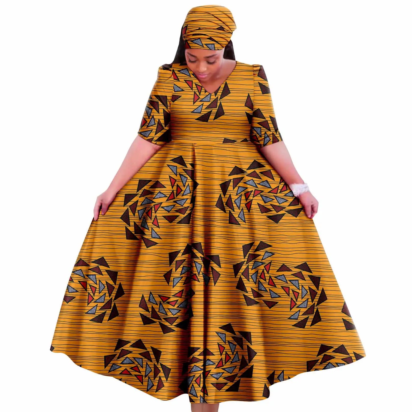 Maxy Church Dresses for Woman Traditional Party Gown V Neck Maxy Dress with Free Turban Wedding Africa Turkey Style 2425083