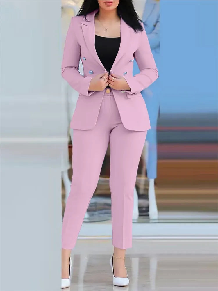 Maxy Elegant Office Lady Two Piece Sets New Autumn Winter Women Fashion Notched Neck Long Sleeve Blazer & High Waist Work Pants Suit