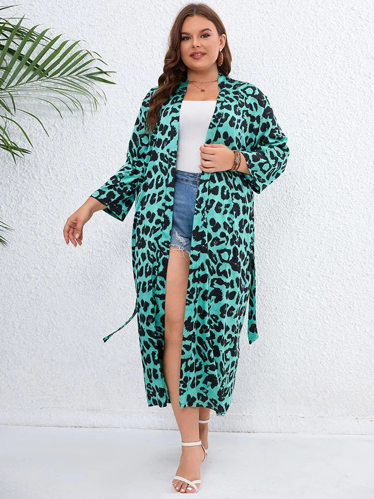 Amay Plus Size Leopard Print Belted Long Kimono Cardigan Women Open Front Long Sleeve Blouse Holiday Bohemian Beach Tunic Tops