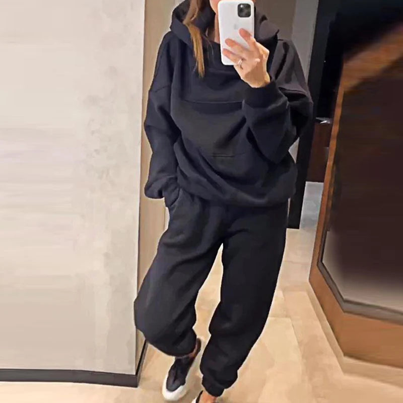 Maxy New Autumn Winter Thick Long-Sleeved Hoodie Sets Casual Pocket Pants Sports Suit Women's Fashion Solid Loose Sweatshirt Outfits