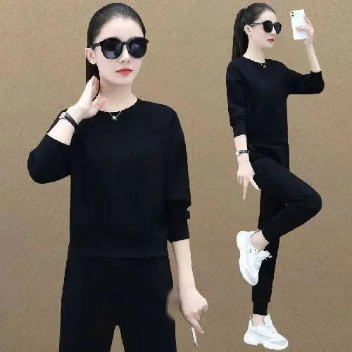 Maxy Round Necked Sports Suit For Women In Spring And Autumn New Fashion Korean Long Sleeve Crop Top And Pants 2 Two Piece Set