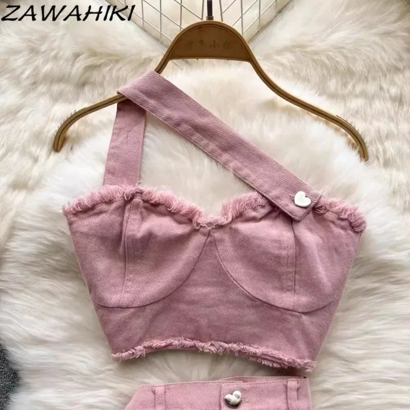 Maxy Sweet Two-Piece Set Women Sexy Patchwork Camisole Top Irregular Slim Waist Women's Skirts Office Lady Fashion Elegant Ropa