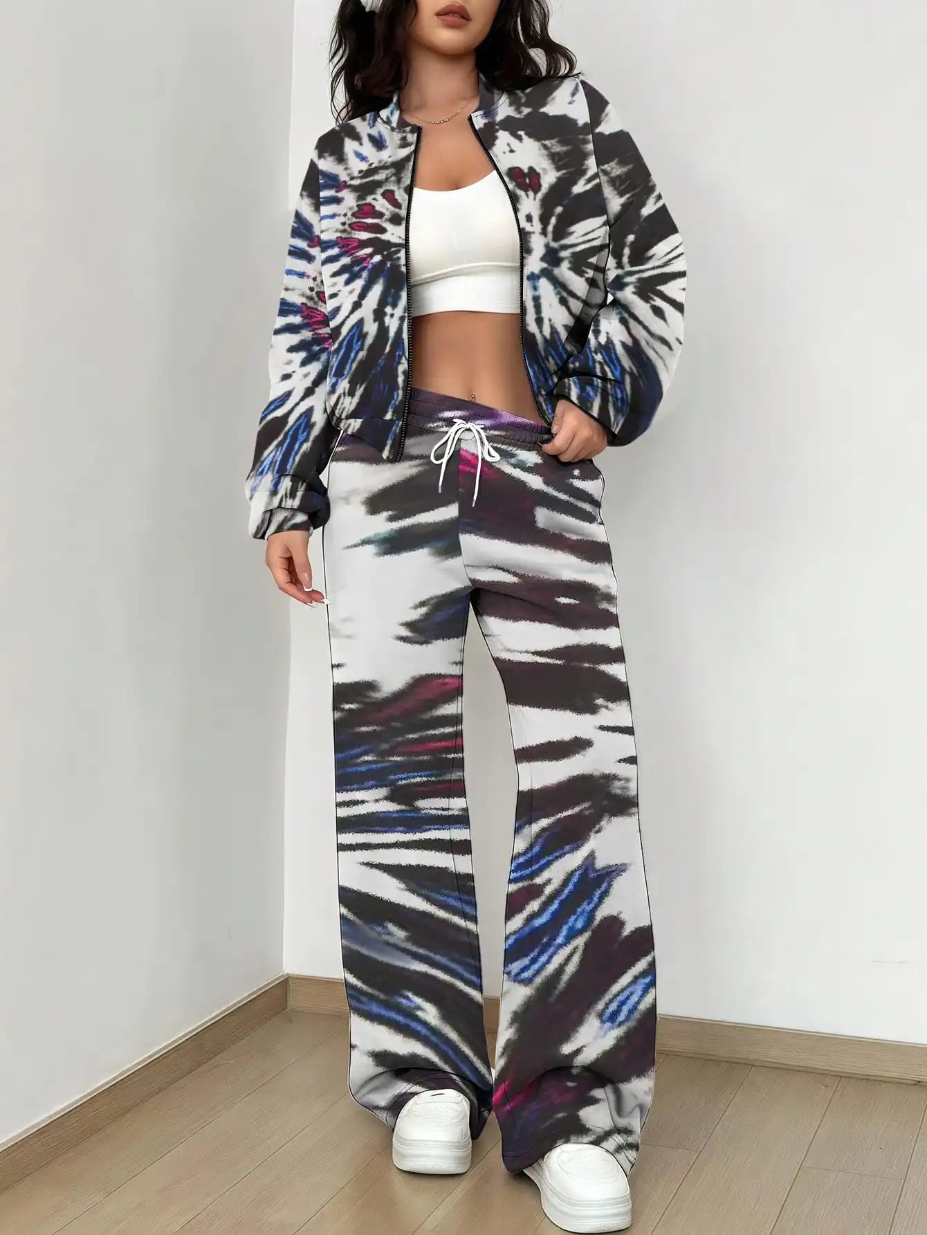 Maxy French Retro Floral Long Sleeved Zipper Jacket and Pants Set, Gentle and Stylish Two-piece Set