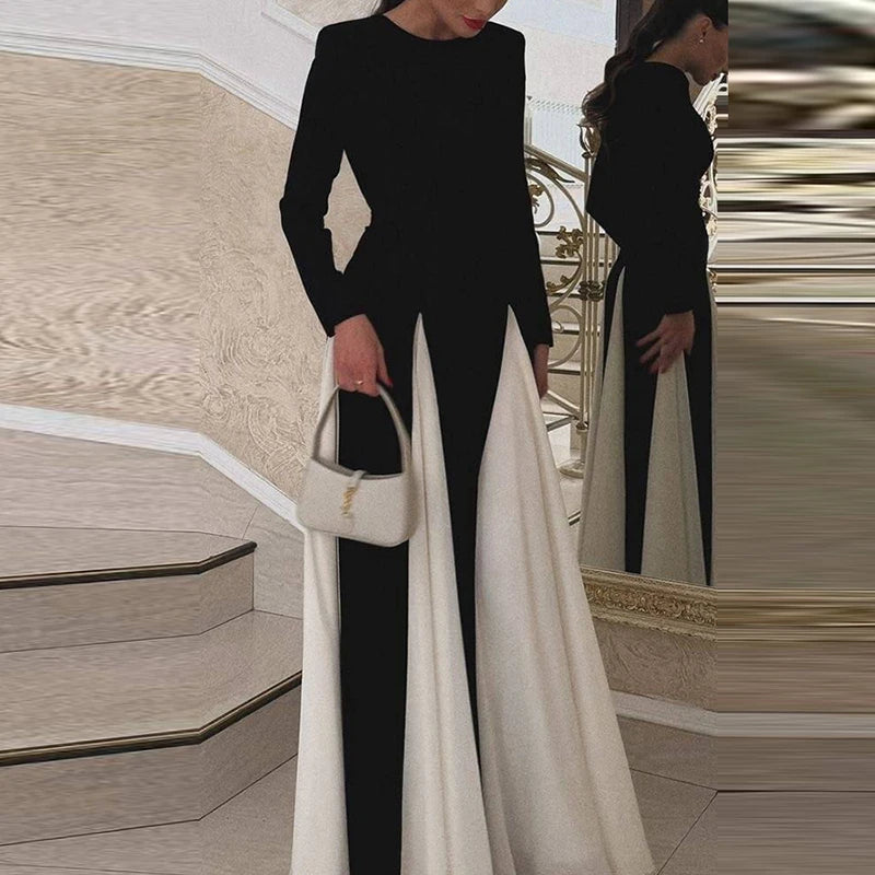 Amay Women Crew Neck Long Sleeve Maxi Dress New Winter Splicing Party Dress Elegant Lady Contract Color Full Length Club Dress