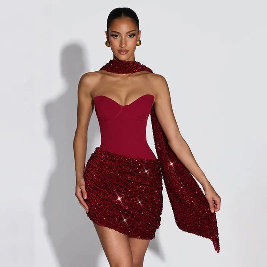 Maxy Sexy Bandeau Sequined Mini Bodycon Dress Backless Off Shoulder Evening Dress with Scarf Party Gown Women Dress