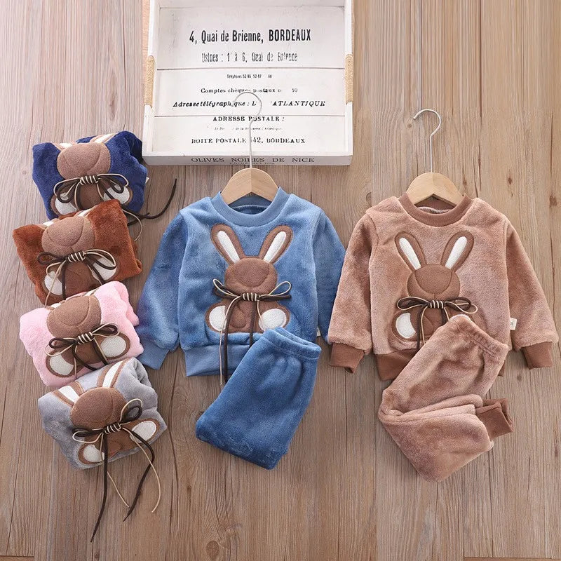 Maxy Children Toddler Set Cartoon Rabbit Pajamas Baby Boy Girl Flannel Warm Sleepwear Top+Pants 2pcs Autumn Winter Casual Clothes New